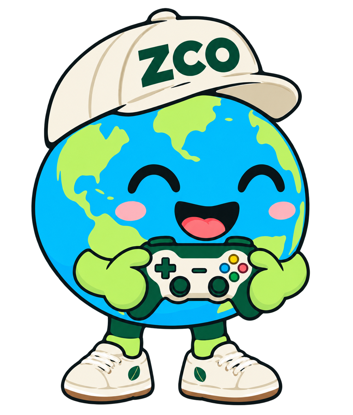 2D Zumi in an ivory cap and sneakers, holding a green and ivory game controller with both hands