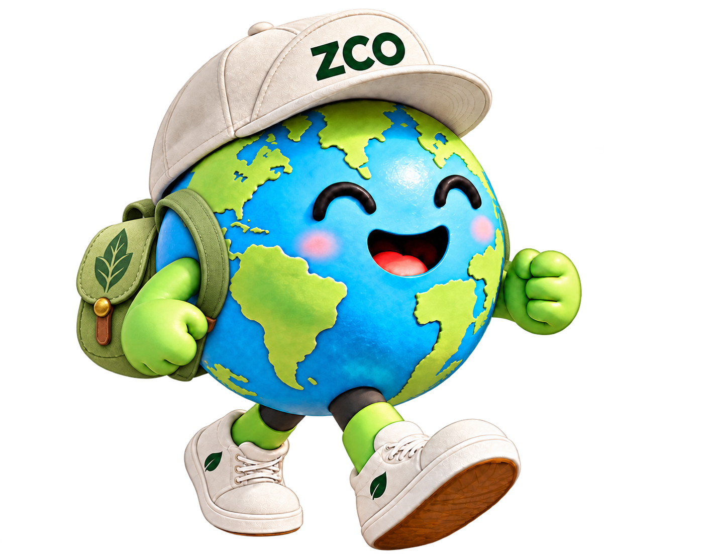 Zumi, a smiling blue-and-green planet in an ivory ZCO cap and sneakers, wearing a green Leaf Backpack.