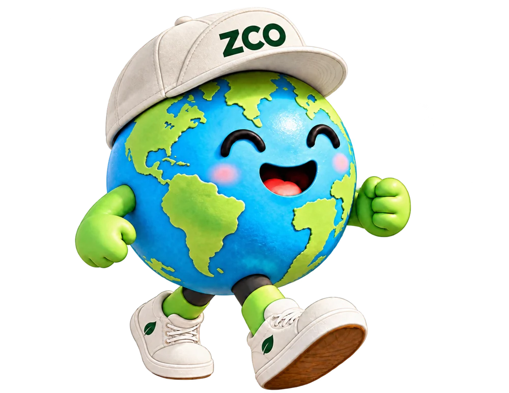 Zumi, a smiling little Earth in an ivory ZCO cap and ivory trainers