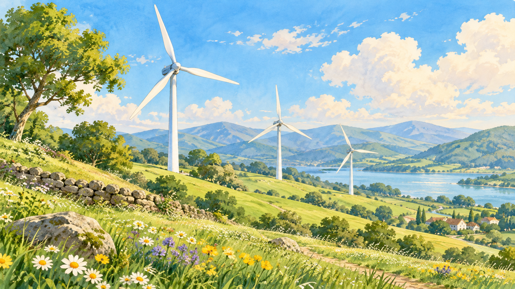 A watercolor scene of wind turbines